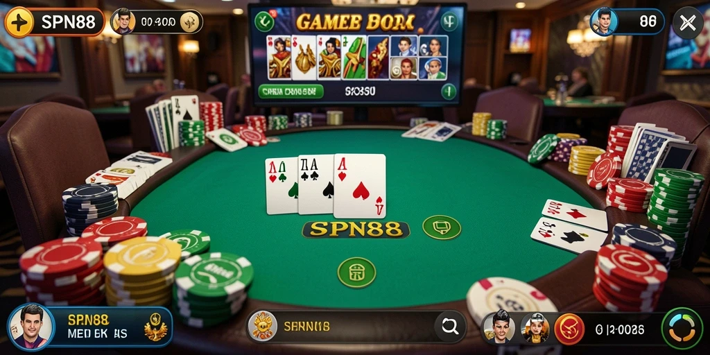 Tampilan gameplay seru di SPN88 dengan suasana Poker yang mendebarkan.